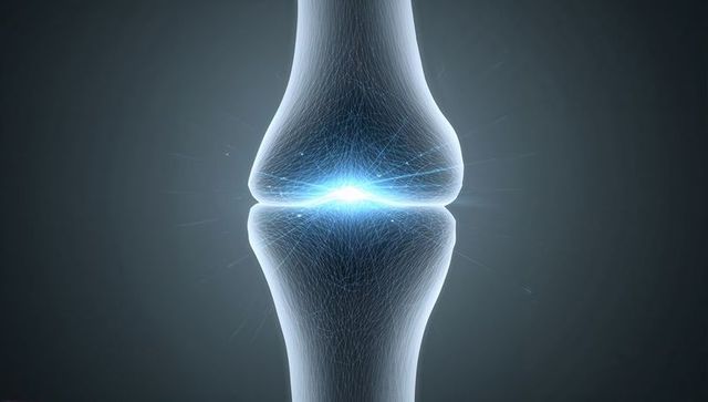 Stylized wireframe knee joint highlighting cartilage and synovial space with blue glow