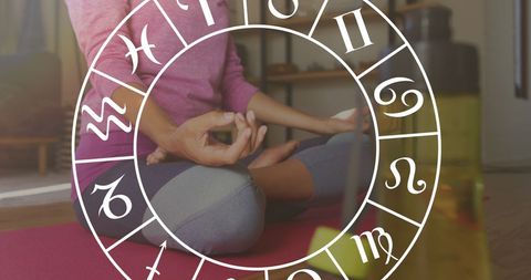 Zodiac wheel over woman in yoga meditation