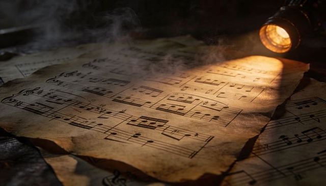 Antique Sheet Music Parchment Illuminated by Warm Lamp Beam with Smoky Haze, Scorched Edges