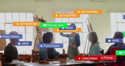 Instructor Leading Art Class in Studio with Digital Media Overlay