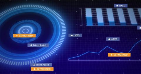 Futuristic Blue HUD Analytics Interface with Neon Radar, Social Notifications and Data Visualization
