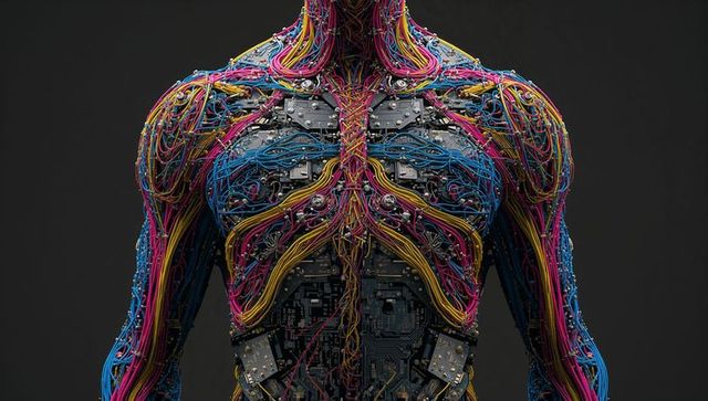 Braided neon wiring cyborg torso revealing intricate circuitry and mechanical anatomy