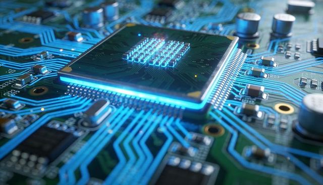 Glowing AI Microchip on Blue Circuit Board with Illuminated Traces Close-Up