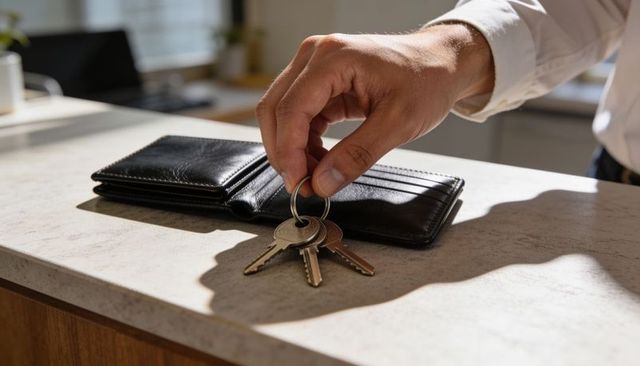 Business hand placing keys on wallet on marble countertop closeup in bright office light
