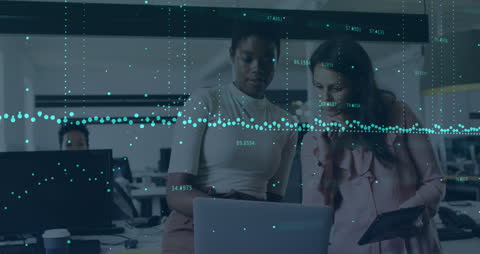 Diverse Business Team Analyzing Financial Data Overlap in Modern Office