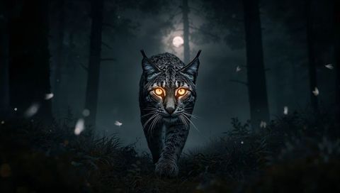 Moonlit lynx prowling misty forest with glowing amber eyes, cinematic nocturnal predator