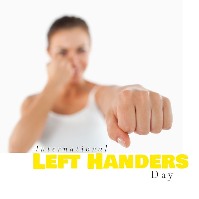Digital image of caucasian woman fist punching with international left handers day text, copy space. Raise awareness, sinistrality, celebrate uniqueness and differences of left-handed individuals.
