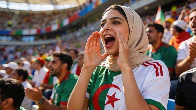 Cheering hijab-wearing football fan in algeria jersey at packed sunny stadium crowd