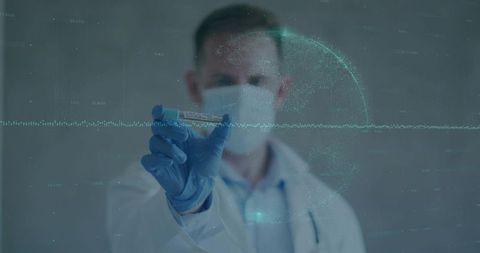Presenting doctor holding vaccine vial with holographic data overlay for clinical research