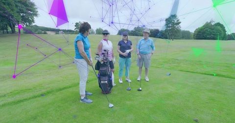 Mature golfers standing on fairway with colorful digital network overlay