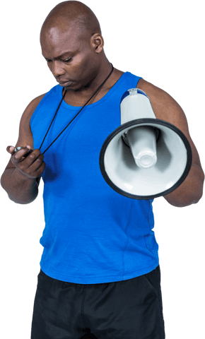 Transparent Trainer Checking Stopwatch with Megaphone