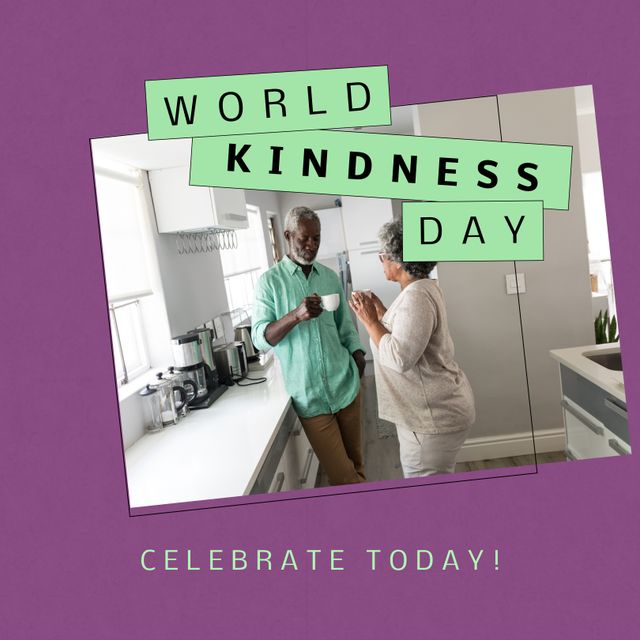 An elderly African American couple standing in a modern kitchen while enjoying coffee together. The vibrant text emphasizes World Kindness Day, suggesting themes of love, care, and togetherness. Ideal image for campaigns promoting kindness, senior lifestyle blogs, health and wellness programs, and family-oriented projects.