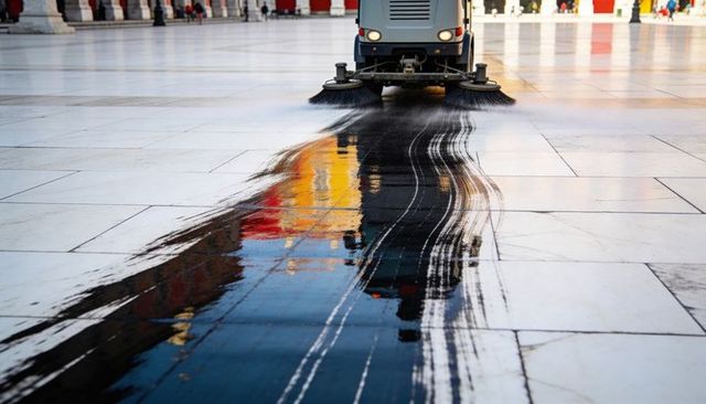 Floor scrubber leaving glossy streak on marble plaza with yellow-red reflections