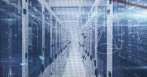 Glowing server racks with diagrams in modern data center
