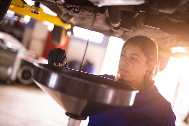 Female mechanic wearing blue overalls focusing on changing car oil in an automotive garage. Perfect for articles about women in traditionally male-dominated professions, automotive services, small business ownership, and car maintenance tutorials.
