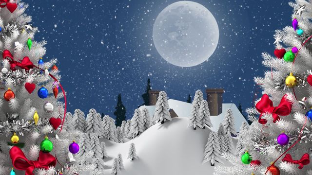 Enchanting winter landscape depicting snow-covered trees and a full moon shining brightly. Decorated Christmas trees with colorful ornaments add a vibrant touch to the snowy setting. Perfect for holiday greetings, festive season promotions, and winter-themed decor concepts.