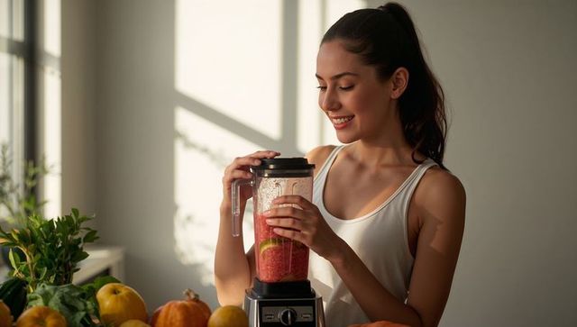 Asian woman preparing fresh fruit smoothie in sunlit kitchen using blender