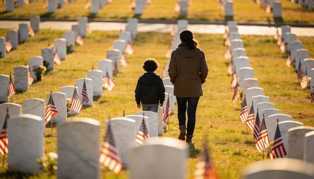 Parent and child walking through flag-lined military cemetery at sunrise