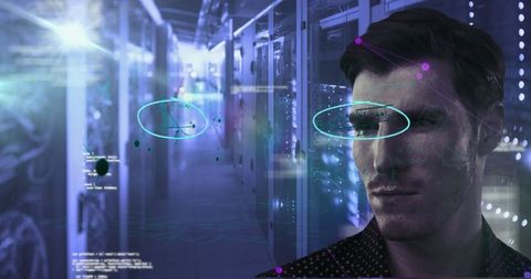 Man in Data Center with Futuristic Digital Overlay - Download Free Stock Images Pikwizard.com