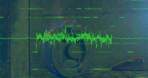Futuristic neon waveform over dark metal emblem on rough table with green data readouts