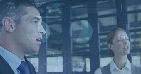 Presenting Business Leaders Analyzing Data with HUD Overlays in Modern Glass Office Interior