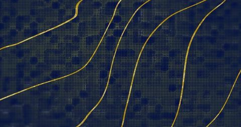 Flowing gold ribbons sweeping over navy geometric grid background