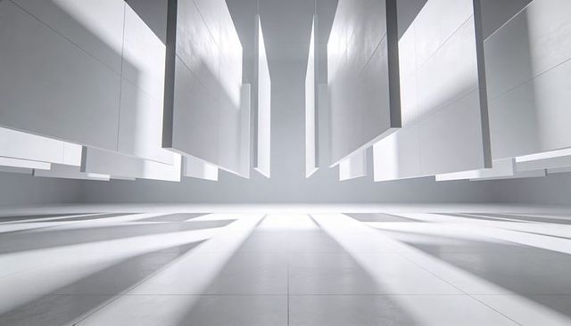 Floating white panels casting dramatic shadows over reflective minimal interior space