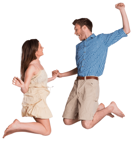 Joyful Young Couple Jumping Together Transparent Background