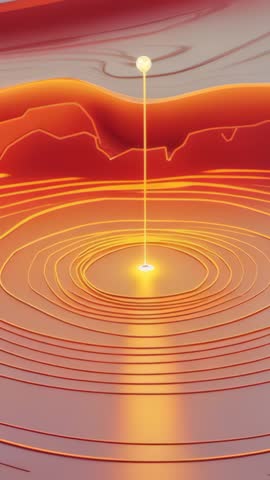Pulsing orb casting luminous vertical beam and radiating concentric ripples across orange landscape