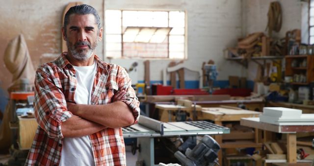 Confident Middle-Aged Male Carpenter in Workshop Standing with Arms Crossed - Download Free Stock Images Pikwizard.com