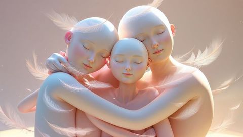 Ethereal Trio Hugging in Dreamy Feathered Atmosphere