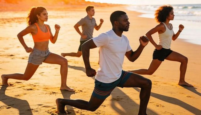 Sunset beach group performing lunges during fitness training on sand barefoot young adults