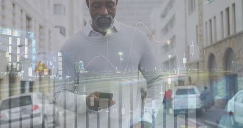 Checking smartphone with financial charts overlay on city street, mobile trader
