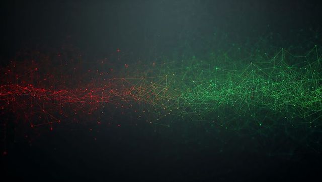 Neon Network Wave Transitioning from Red to Green, Abstract Triangular Mesh Data Connectivity