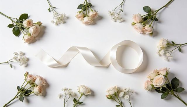 Ivory ribbon loop with pale peach spray roses and baby's breath flatlay for wedding