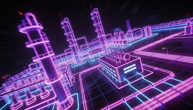 Neon wireframe industrial plant with glowing pipelines on futuristic digital grid