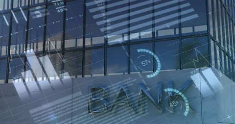 Financial Data Overlay on Modern Bank Building - Download Free Stock Images Pikwizard.com