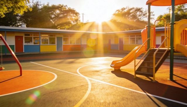 Golden sunlight bathing school playground with orange slide and colorful panels and warm lens flare
