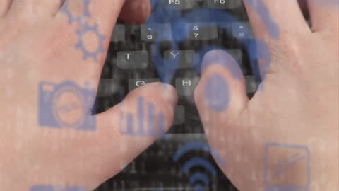 Hands Typing on Keyboard with Futuristic Technology Icons Overlay