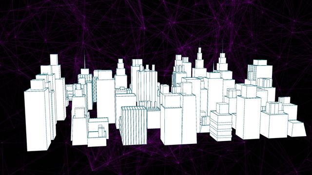 Abstract representation of a digital cityscape featuring white geometric skyscrapers interconnected by a purple network grid, symbolizing global business and data infrastructure. Suitable for concepts related to urban innovation, smart cities, and technology-driven networks, functional in presentations and editorials focusing on architectural advancement and digital transformation.