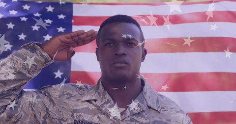 Proud Soldier Saluting with American Flag in Background