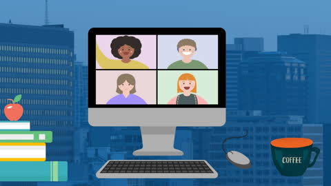 Virtual Meeting with Diverse Team Members Illustration on Computer Screen