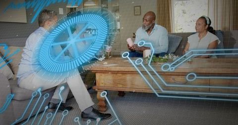 Multigenerational adults discussing smart device with augmented reality hud in living room