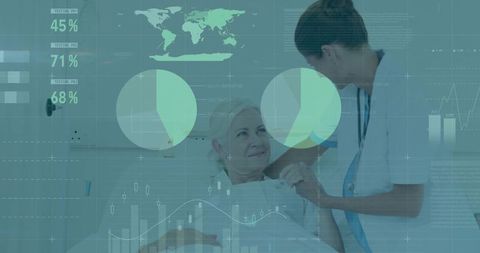 Nurse holding patient hand with medical data overlay conveying compassionate clinical care