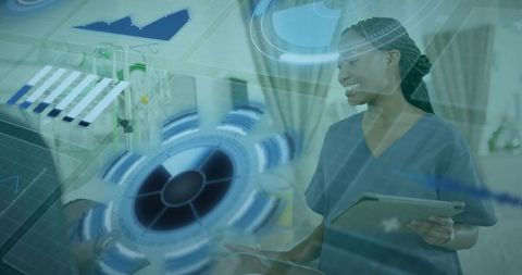 Futuristic Healthcare: Nurse Analyzing Data with Hologram Technology