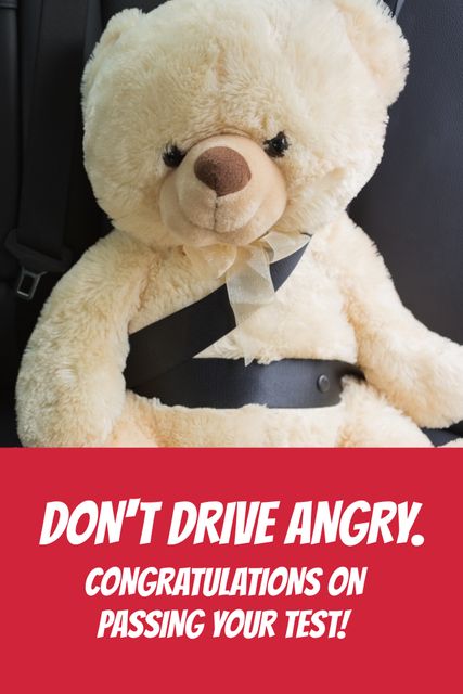 Teddy Bear Buckled for Safety with Driving Test Congratulations Message - Download Free Stock Templates Pikwizard.com