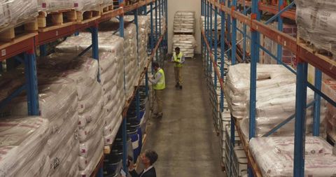 Inspecting and Scanning Palletized Inventory on Blue Racking in Industrial Warehouse Aisle