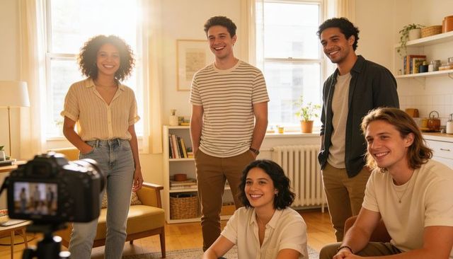 Diverse young adults creating content in sunlit living room with camera and cozy decor