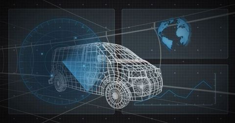 Wireframe Passenger Van Projecting Blue Sensor Cone with Futuristic HUD and Radar Grid