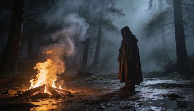 Cloaked figure standing by campfire in misty nocturnal forest, cinematic solitude, mystery